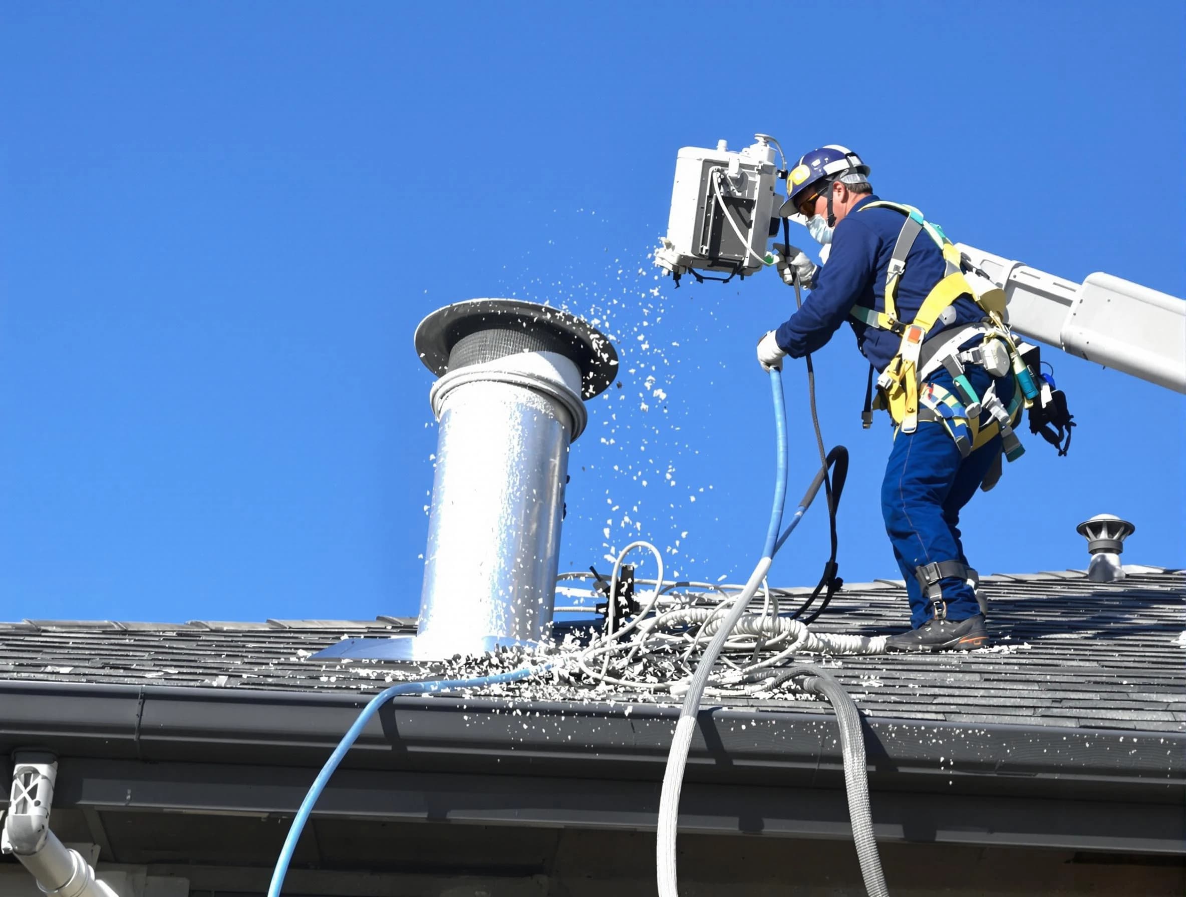 Bennett Dryer Vent Cleaning certified technician safely cleaning a roof-mounted dryer vent in Bennett