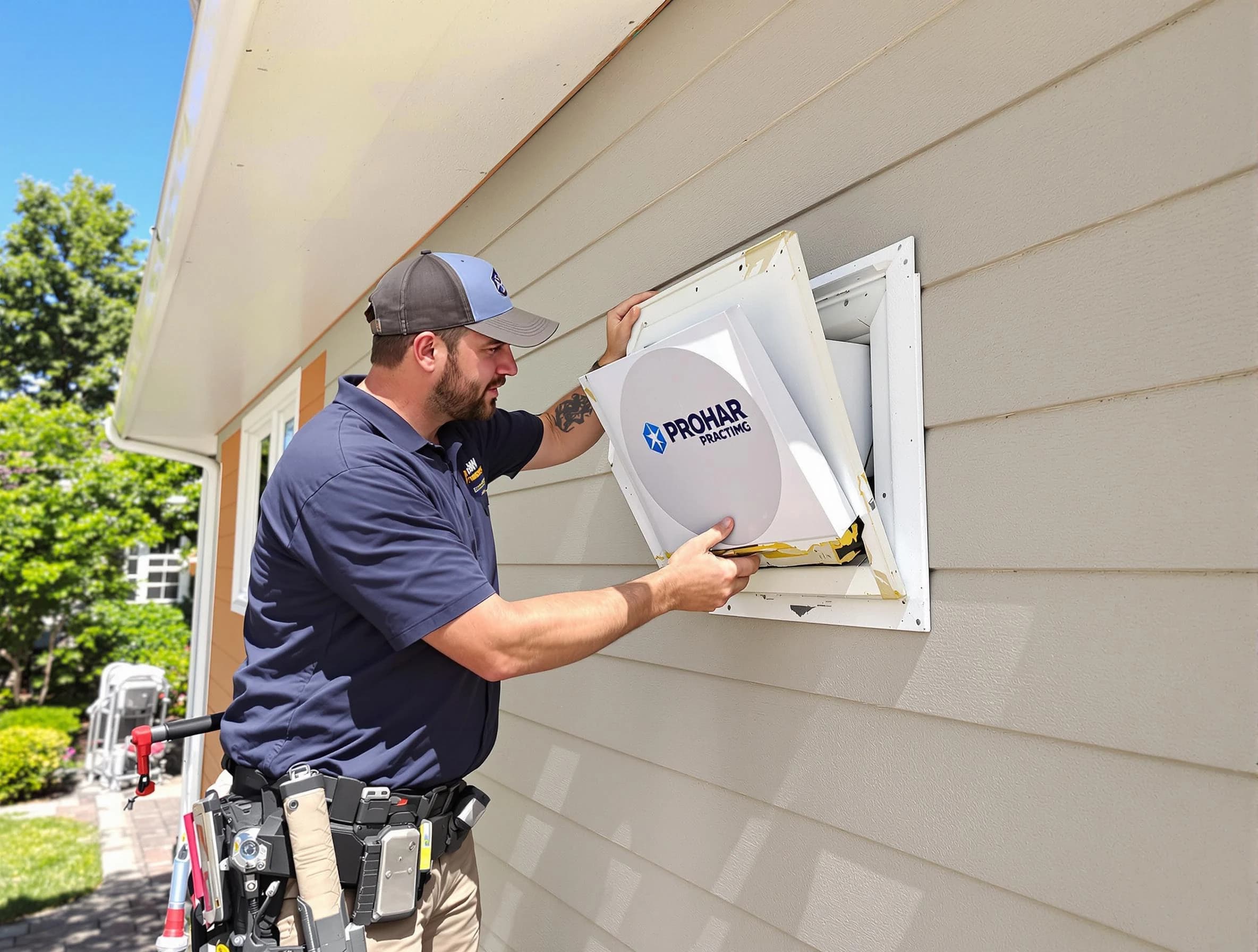 Bennett Dryer Vent Cleaning technician installing a new protective dryer vent cover on a home in Bennett