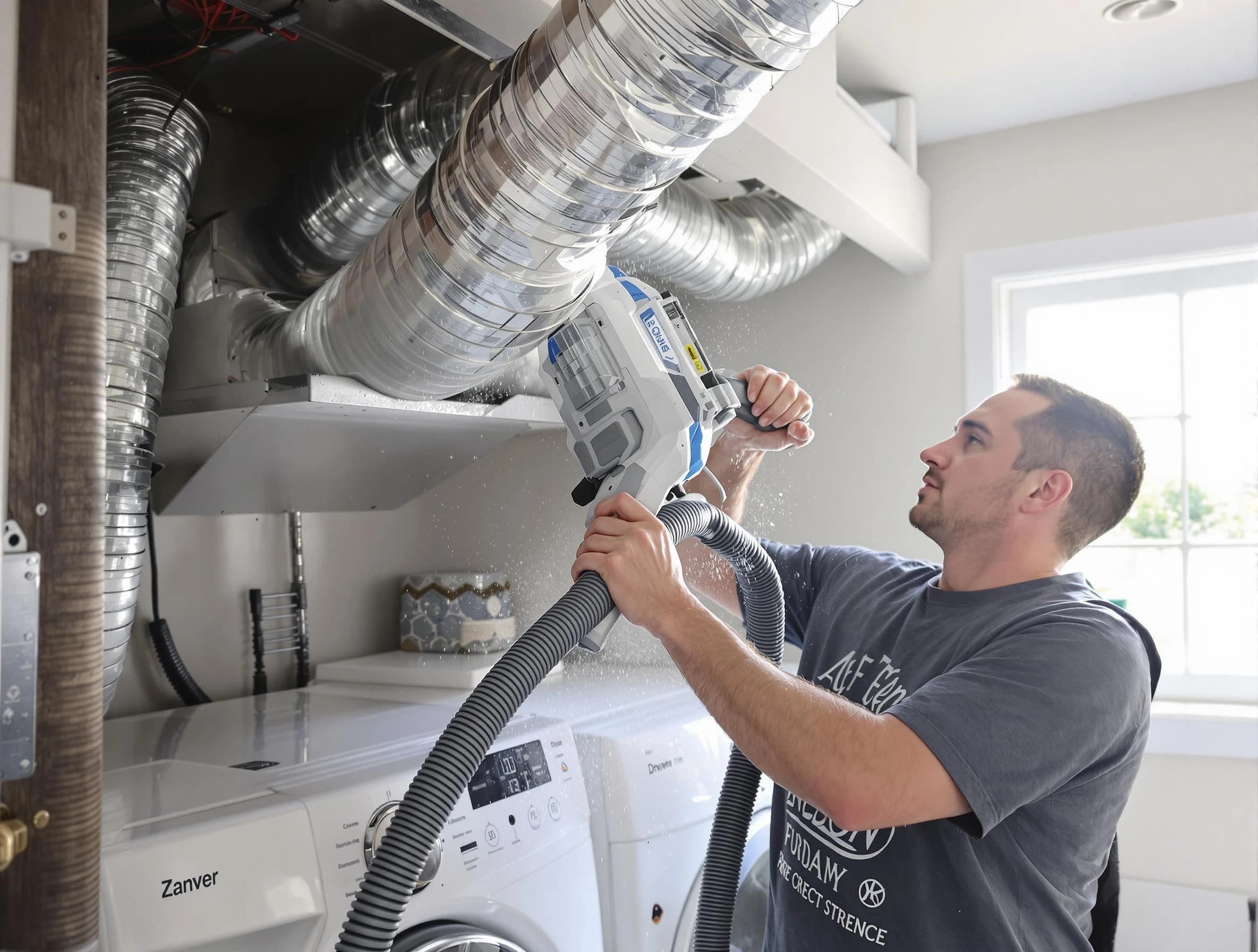 Bennett Dryer Vent Cleaning specialist cleaning deep within a dryer vent duct system in Bennett