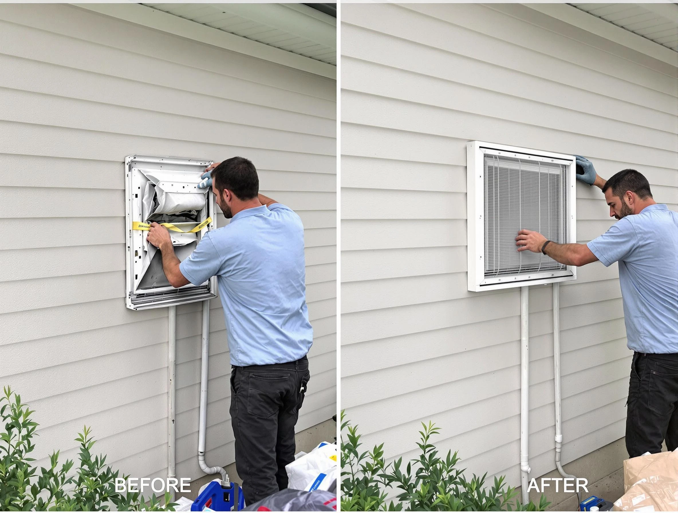 Bennett Dryer Vent Cleaning technician installing high-quality dryer vent cover at a residential property in Bennett
